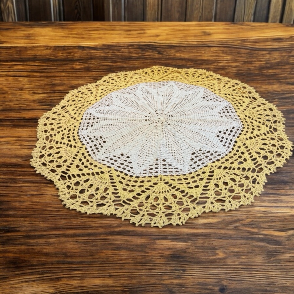 Vintage Yellow & White Doily Intricately Crocheted 28 1/2” Diameter